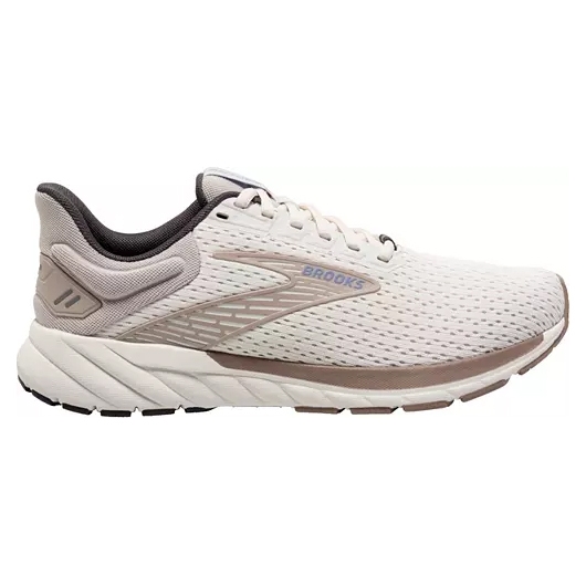 Brooks Anthem 6 Running Shoes are lightweight, neutral sneakers featuring a breathable fabric upper in beige with subtle brown accents, a cushioned sole for comfort, and a lace-up design for a secure fit.