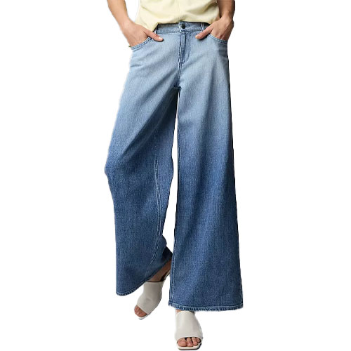 Wide-leg blue jeans with a gradient fade from light to dark, paired with white open-toed shoes.