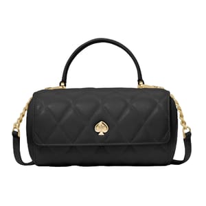 A black Kate Spade quilted leather bag with a gold spade logo on the front, featuring a top handle and a detachable chain strap with gold accents.