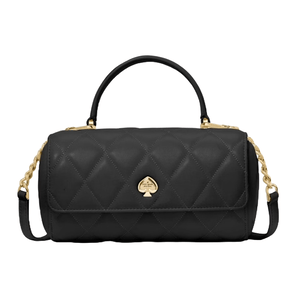 A black Kate Spade quilted leather bag with a gold spade logo on the front, featuring a top handle and a detachable chain strap with gold accents.