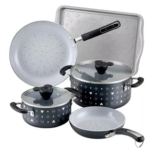 Cookware set featuring a saucepan, stockpot, two frying pans, and a baking sheet, all decorated with Mickey Mouse patterns.