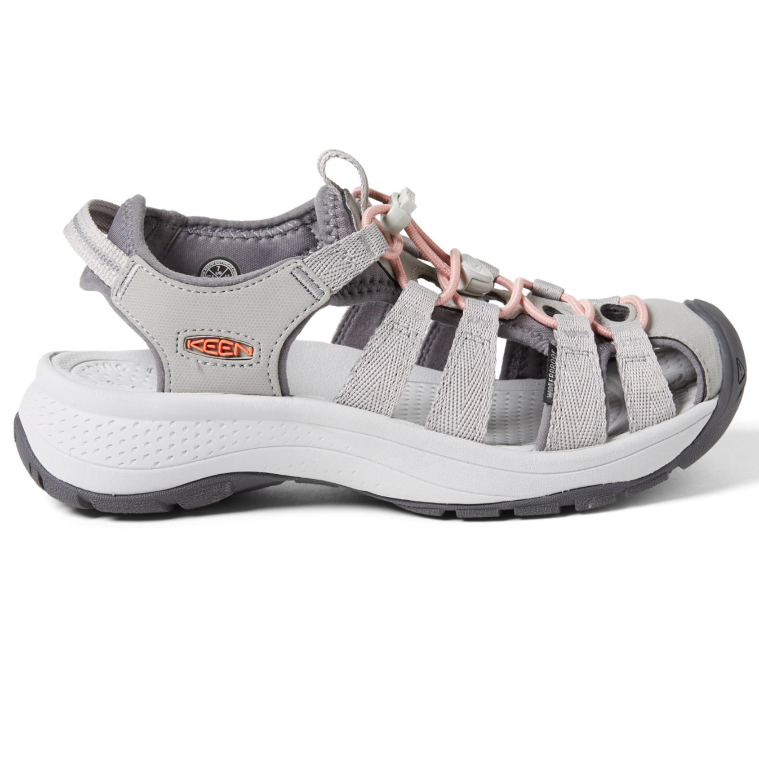 Keen Astoria West Sandals are women's sport sandals with a closed-toe design, featuring a gray and pink color scheme, adjustable straps, and a sturdy rubber sole for outdoor adventures.