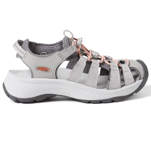 Keen Astoria West Sandals are women's sport sandals with a closed-toe design, featuring a gray and pink color scheme, adjustable straps, and a sturdy rubber sole for outdoor adventures.