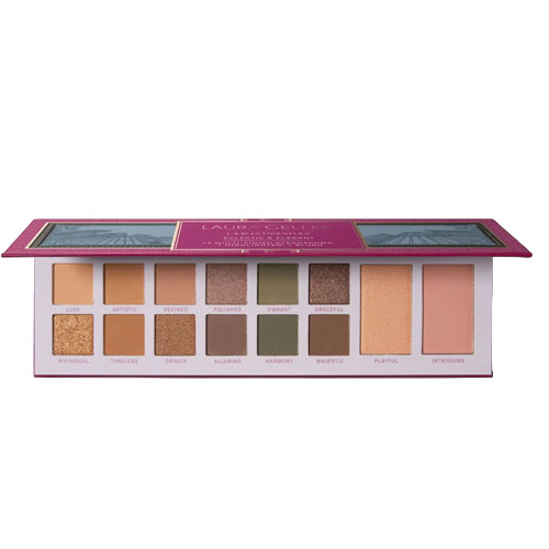 An eyeshadow and blush palette featuring 12 shades, including neutral and metallic tones named like \“Whimsical\“ and \“Intriguing\“.
