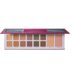 An eyeshadow and blush palette featuring 12 shades, including neutral and metallic tones named like \“Whimsical\“ and \“Intriguing\“.