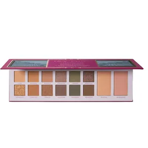 An eyeshadow and blush palette featuring 12 shades, including neutral and metallic tones named like \“Whimsical\“ and \“Intriguing\“.
