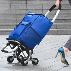 A person pulling a blue trolley bag equipped with a stair-climbing wheel design, making it suitable for navigating steps. The person is wearing teal high heels.