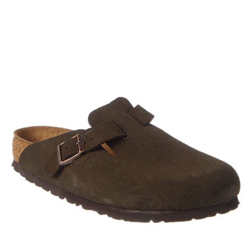Olive green suede clogs with a single adjustable buckle strap, cork footbed, and dark rubber outsole. Ideal for casual wear, these clogs offer comfort and a classic slip-on design.