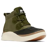A waterproof Sorel shoe in olive with a black toe, brown accents, and a white wavy sole.