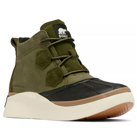 A waterproof Sorel shoe in olive with a black toe, brown accents, and a white wavy sole.