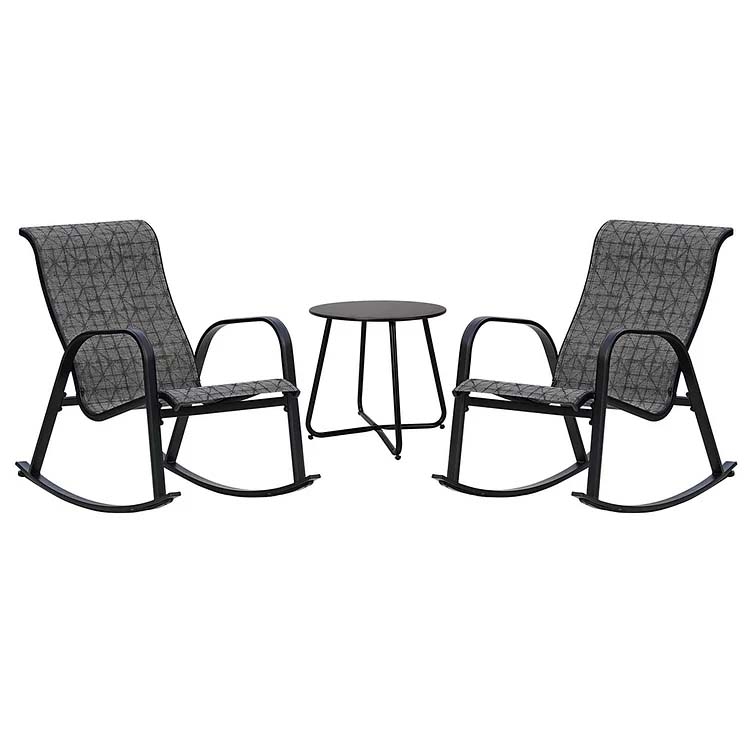 Two gray mesh rocking chairs with black metal frames and a small black round side table.