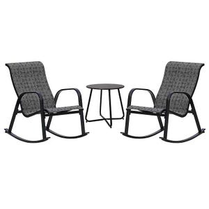 Two gray mesh rocking chairs with black metal frames and a small black round side table.