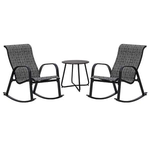 Two gray mesh rocking chairs with black metal frames and a small black round side table.