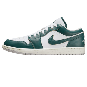 The Air Jordan 1 Low SE shoes feature a white and dark green leather upper with a perforated toe box, matching green Nike Swoosh, and white laces. They have a white midsole and a patterned grey outsole for a classic look.