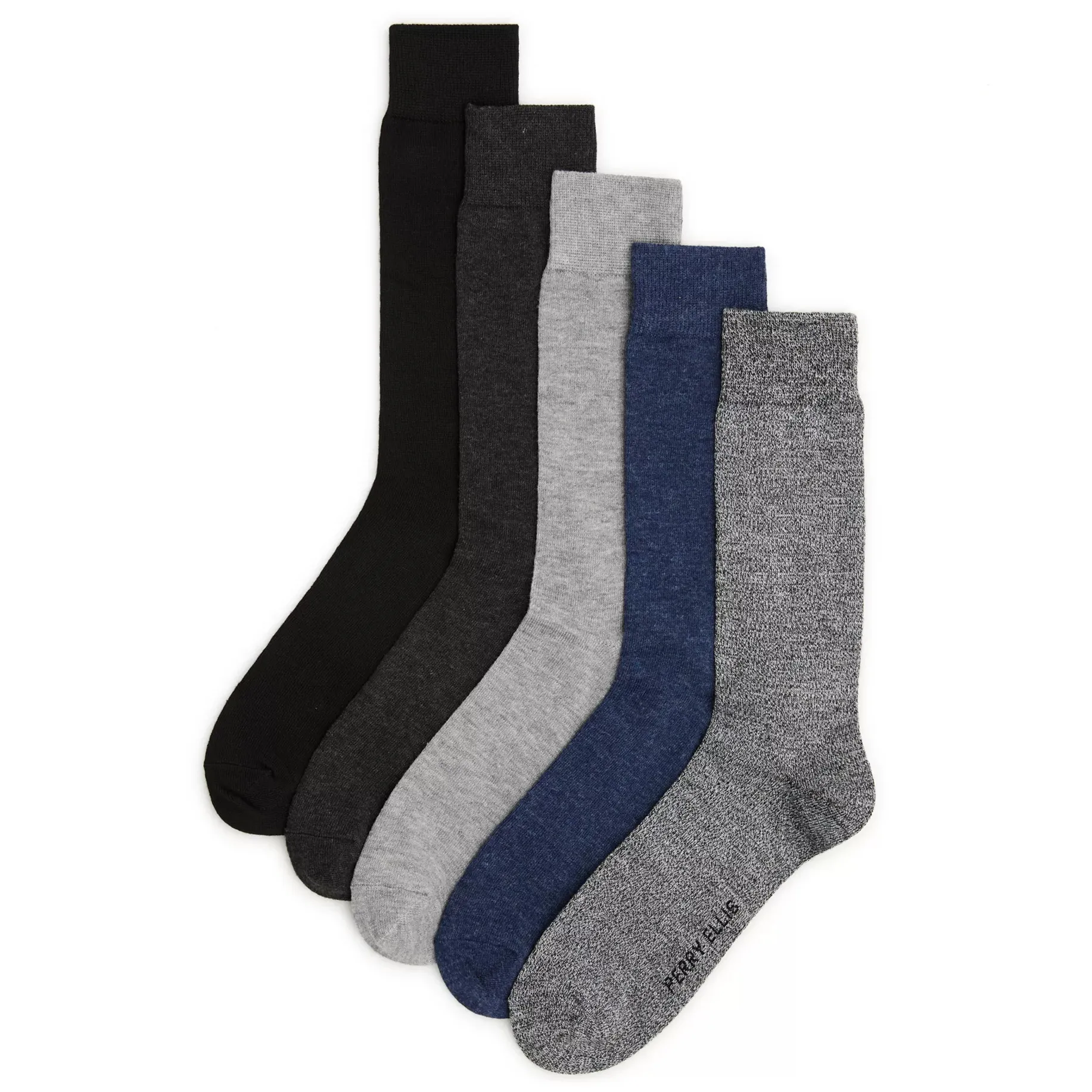 A set of five pairs of men's socks in various solid colors: black, dark gray, light gray, blue, and speckled gray.