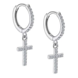 Silver hoop earrings feature sparkling moissanite stones with dangling cross charms, each encrusted with additional moissanite for added sparkle.