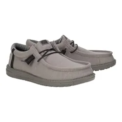 Casual gray slip-on shoes with a low-profile design, featuring laces and a comfortable, cushioned sole.