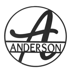 A circular black metal sign featuring a large stylized letter \“A\“ and the word \“ANDERSON\“ across the middle.