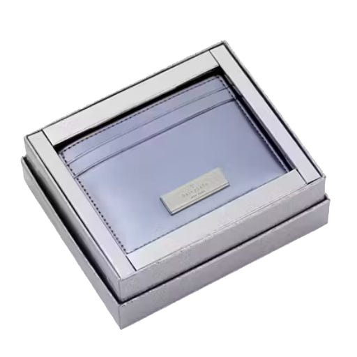 A sleek, silver cardholder with a metallic plaque is presented in a matching silver box.