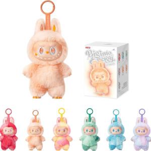 A collection of plush keychains from Pop Mart featuring characters called \“Bunny Energy\“ in various colors, including peach, pink, yellow, green, blue, and purple, with a display box showing branding and a main character image.