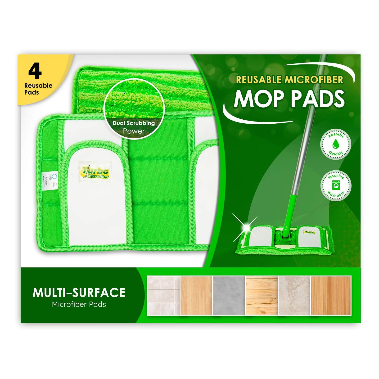 Reusable microfiber mop pads with dual scrubbing power, suitable for multiple surfaces including tiles and hardwood. The package includes four pads.