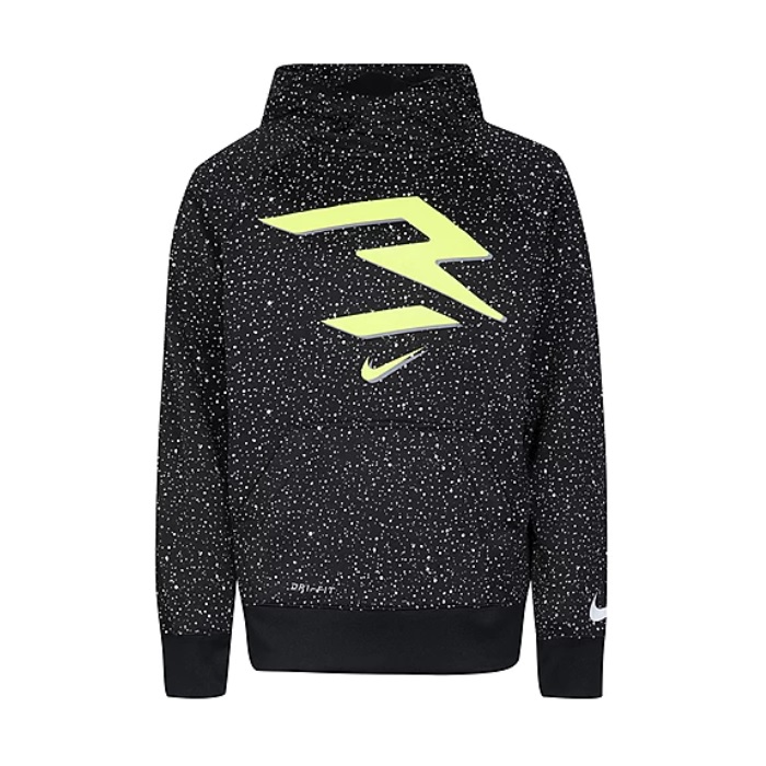 A black hooded sweatshirt with a speckled pattern, featuring a large neon yellow graphic on the front, a small Nike swoosh logo, and \“Dri-FIT\“ text.