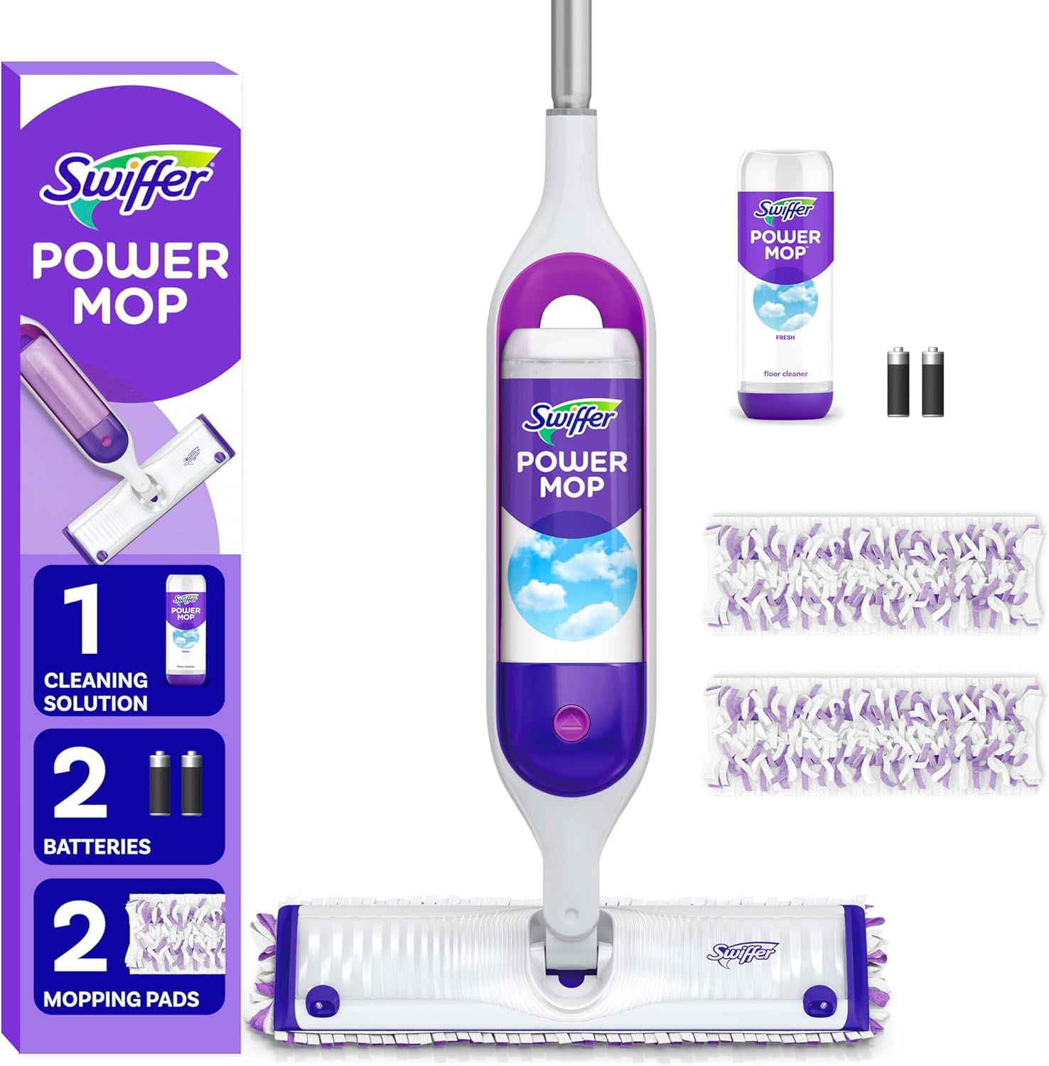 Swiffer PowerMop Starter Kit includes a mop with a cleaning solution bottle, two mopping pads, and two batteries. The packaging highlights its cleaning power and ease of use.