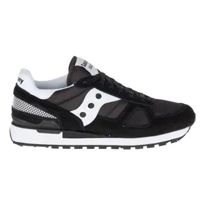 Black and white athletic sneaker with a mesh and suede design, featuring a distinctive \“S\“ logo on the side and a waffle-patterned sole for grip.