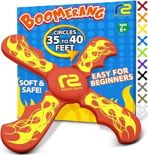 Boomerang for ages 6+, featuring a 35-40 feet circular throw range, soft and safe design, suitable for beginners.