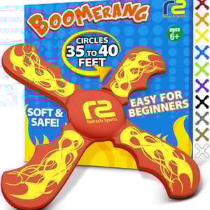 Boomerang for ages 6+, featuring a 35-40 feet circular throw range, soft and safe design, suitable for beginners.