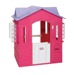 A pink and purple plastic playhouse with openable windows and a half-door, designed for children's outdoor play.