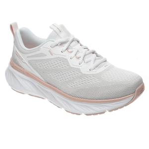 A white and pink athletic shoe with a cushioned sole, mesh upper, and lace-up design, featuring Skechers branding.