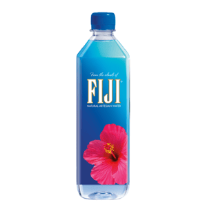 A square bottle of Fiji Natural Artesian Water with a blue label featuring a pink hibiscus flower and a blue cap.