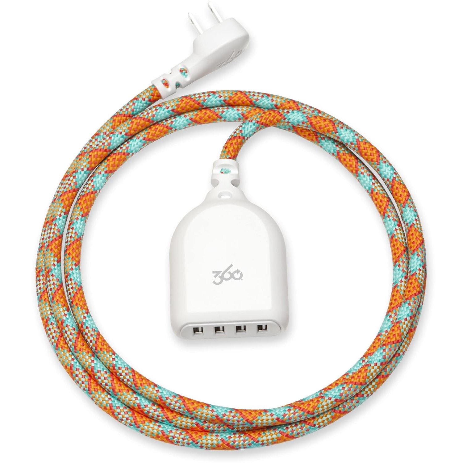 2-pack USB extension cords feature a braided orange, blue, and brown design, with multiple USB ports on one end and a standard plug on the other, emphasizing functionality and style.
