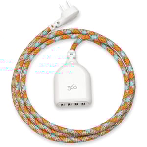 2-pack USB extension cords feature a braided orange, blue, and brown design, with multiple USB ports on one end and a standard plug on the other, emphasizing functionality and style.