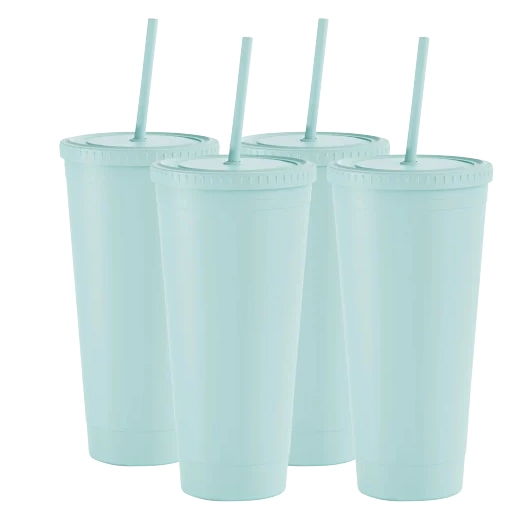 Set of four light blue plastic tumblers with matching lids and straws, designed for drinking on the go or at home.