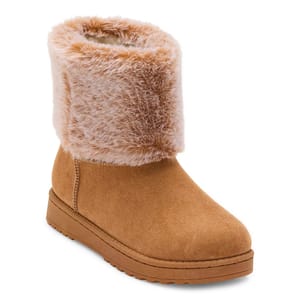 Tan winter boot with a flat heel, featuring a plush, furry cuff. Designed for warmth and style.