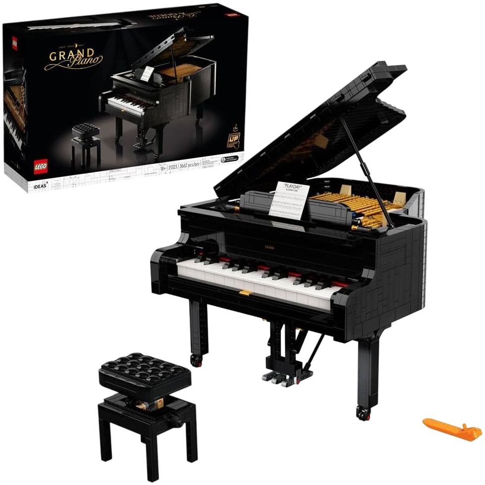 LEGO Ideas Grand Piano set featuring a detailed, buildable grand piano model with playable keys, a bench, and an authentic design.