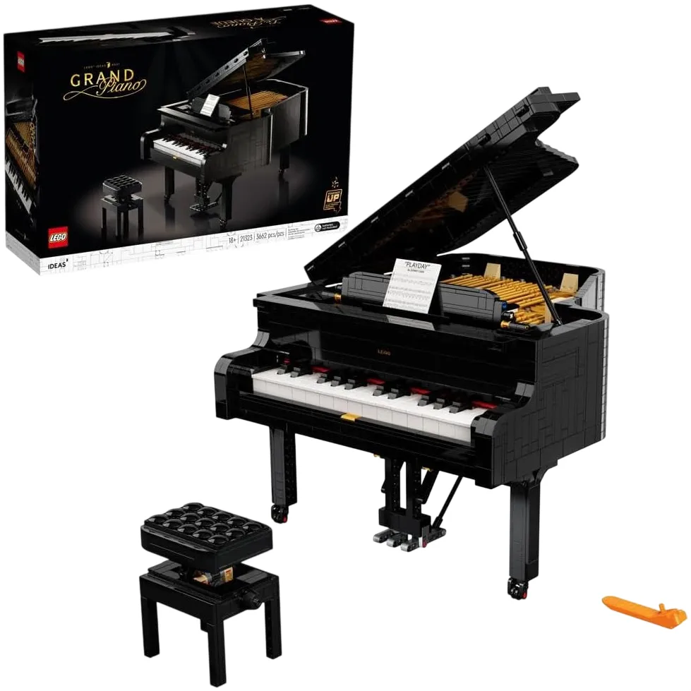 LEGO Ideas Grand Piano set featuring a detailed, buildable grand piano model with playable keys, a bench, and an authentic design.