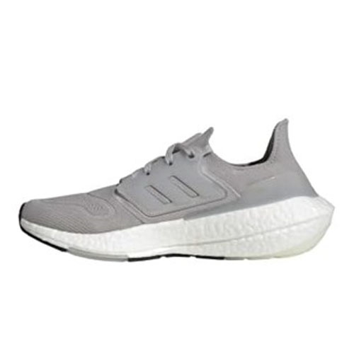 Gray Adidas Ultraboost 22 Running Shoes featuring a knit upper, signature three stripes, and a thick, cushioned white Boost midsole for comfort and energy return.