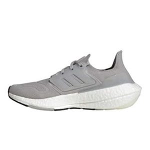 Gray Adidas Ultraboost 22 Running Shoes featuring a knit upper, signature three stripes, and a thick, cushioned white Boost midsole for comfort and energy return.