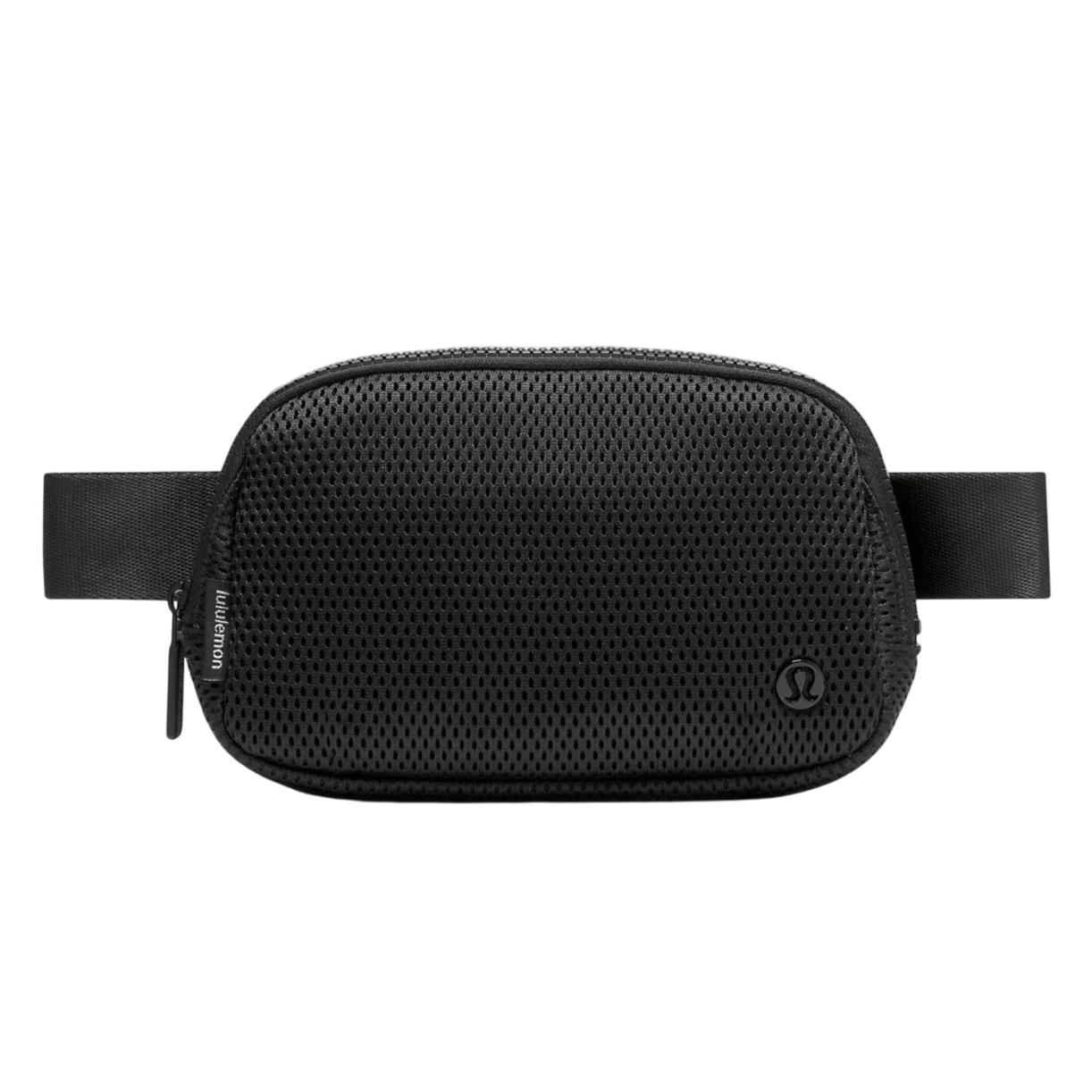 A black Lululemon belt bag with a mesh design, featuring a zippered closure and an adjustable strap.