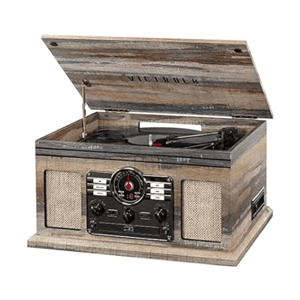 Victrola wooden multimedia record player with a vintage design, featuring a turntable, FM radio, and built-in speakers.
