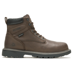 A brown leather waterproof boot with a black padded collar, metal eyelets, and a rugged black sole. Brand name \“Wolverine\“ visible on the side.