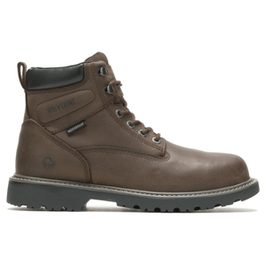 A brown leather waterproof boot with a black padded collar, metal eyelets, and a rugged black sole. Brand name \“Wolverine\“ visible on the side.