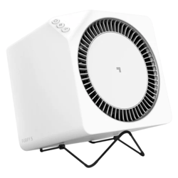 An air purifier with a minimalist design featuring a circular vent, control buttons on top, and a stand for support.