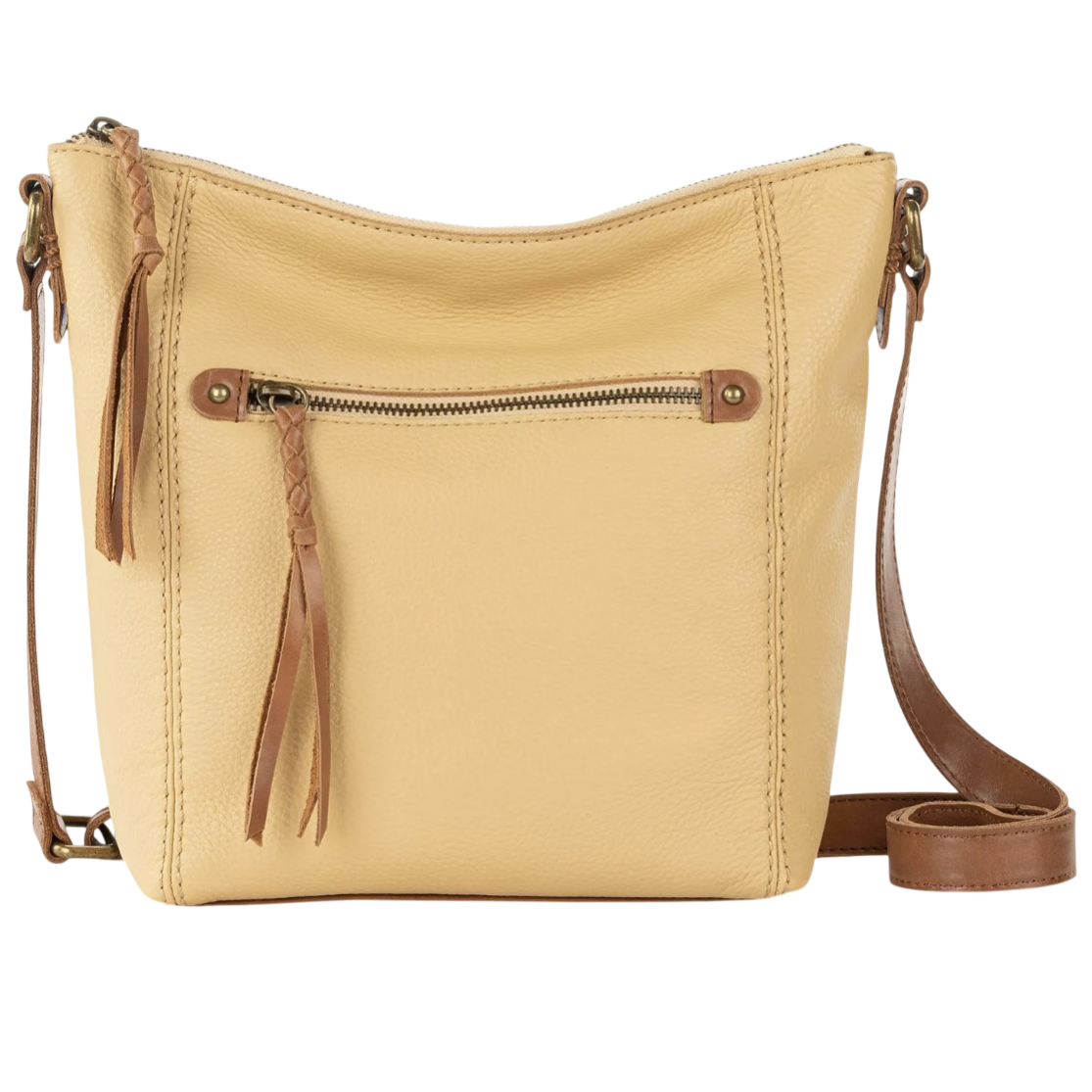Yellow leather crossbody bag with a front zipper pocket and braided tassels, featuring a brown adjustable strap.