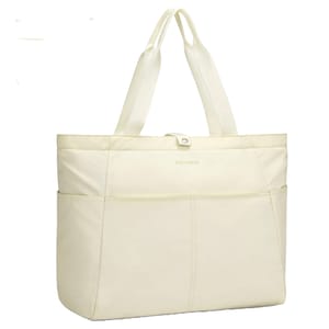 A cream-colored, foldable tote bag with 13 pockets, featuring two sturdy handles and a button closure. The design is simple and functional, suitable for carrying various items.