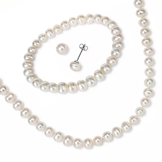 A set of white pearl jewelry including a necklace and matching stud earrings.
