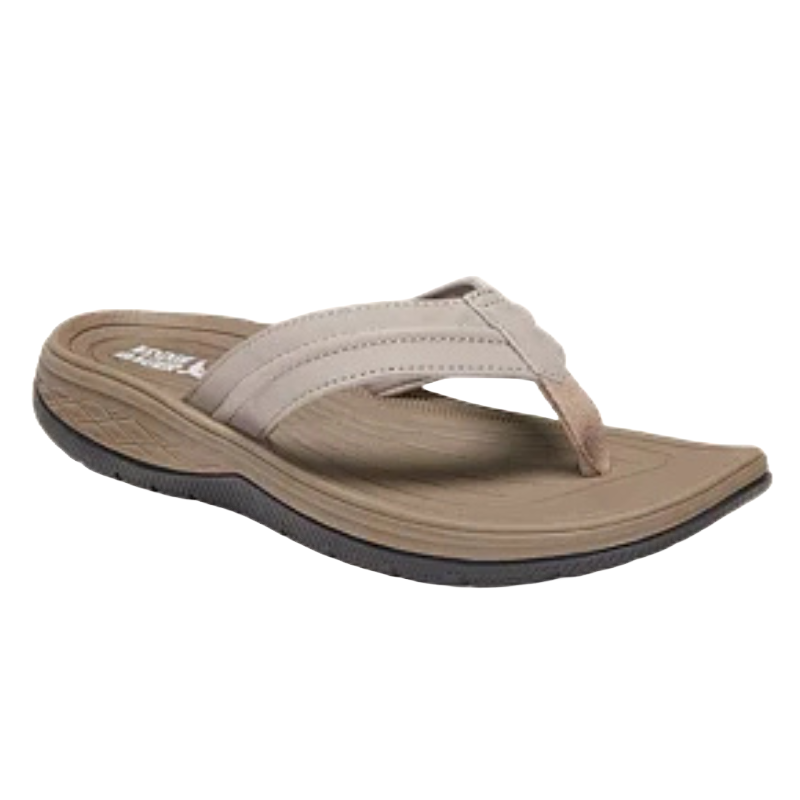 A beige and brown flip-flop sandal with a thick, cushioned sole and durable strap, designed for comfort and casual wear.